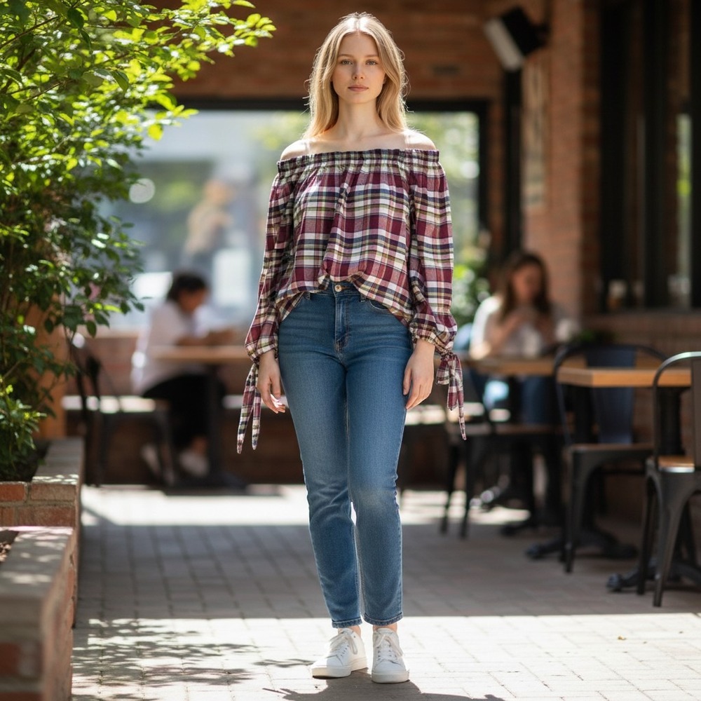 Blushing Heart Off The Shoulder Plaid Top Burgundy White Green Bow Cuff Medium